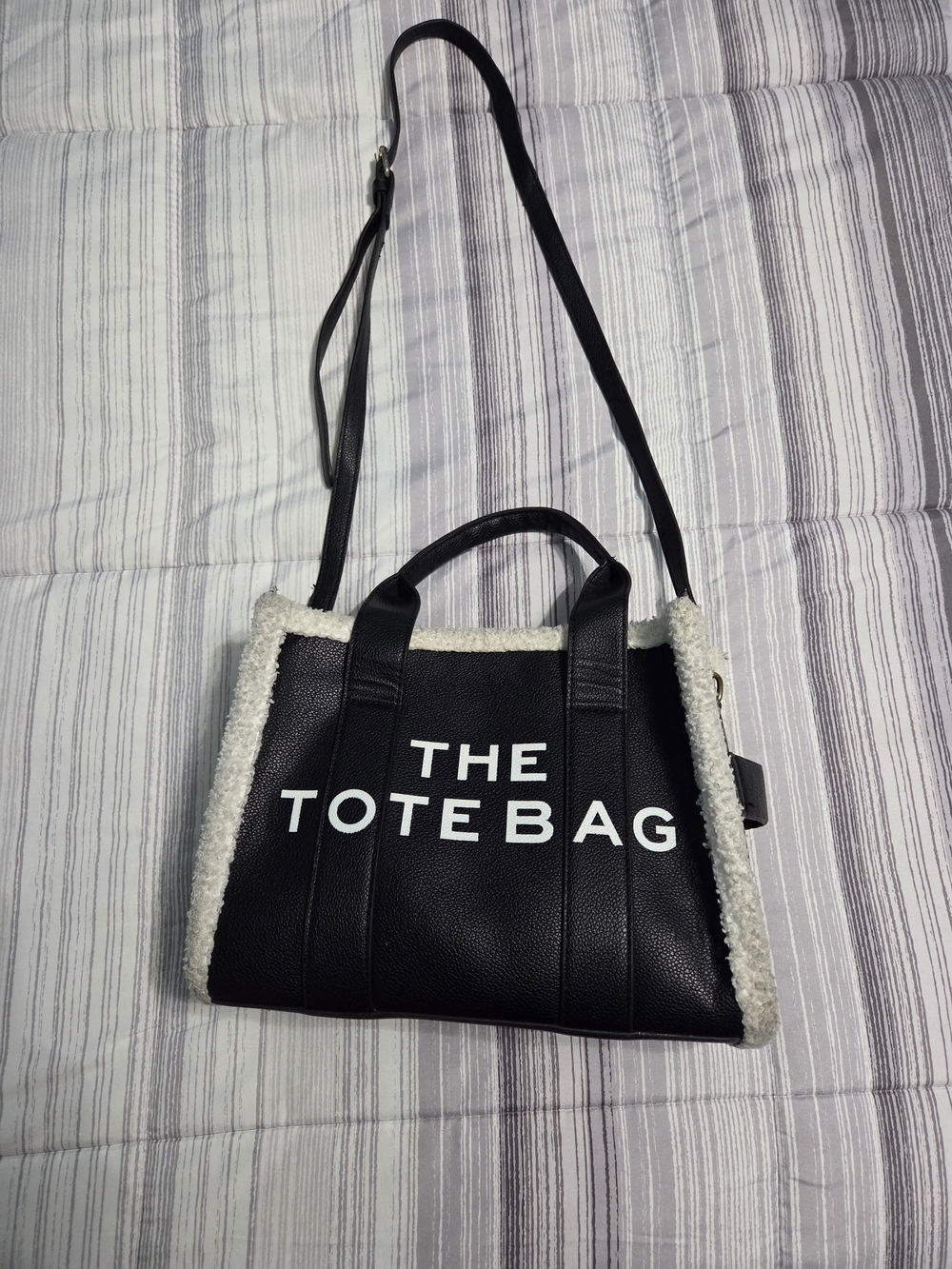 Black Crinkle Faux-leather "The Tote Bag" with White Shearling Trim
